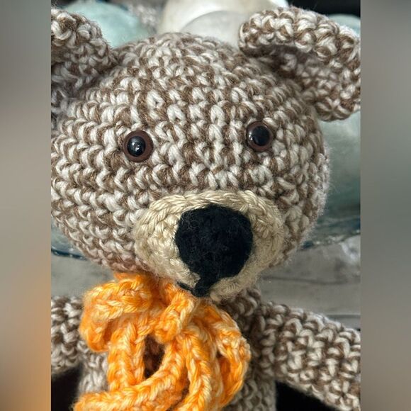 Handmade Crochet Stuffed Two Tone Brown Teddy Bear Stuffy Toy with Orange Scarf - Picture 3 of 12